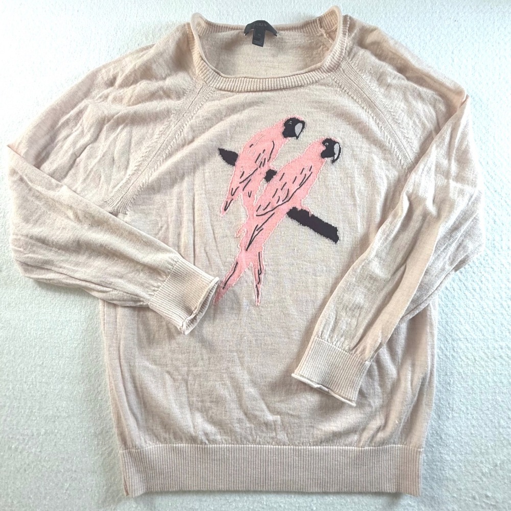 J.Crew Merino Wool Sweater Womens Medium Pink Parrot Intarsia Knit Crewneck - Picture 2 of 7